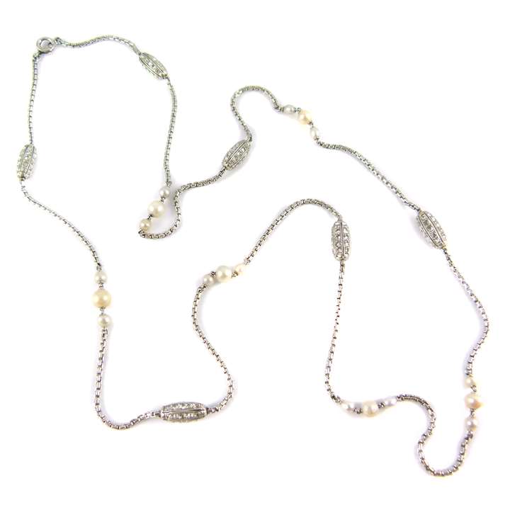 Art Deco platinum, diamond baton and pearl set chain necklace